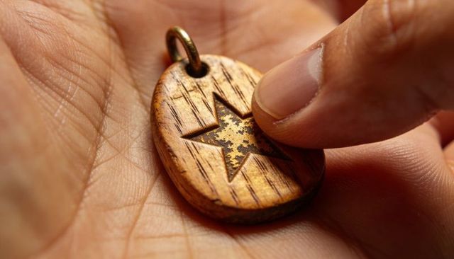 Cradling hand holding wooden oval pendant with patina metal star inlay, fingertip pressing