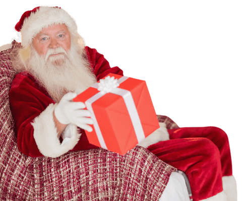 Santa Claus Holding Christmas Gift on Transparent Background