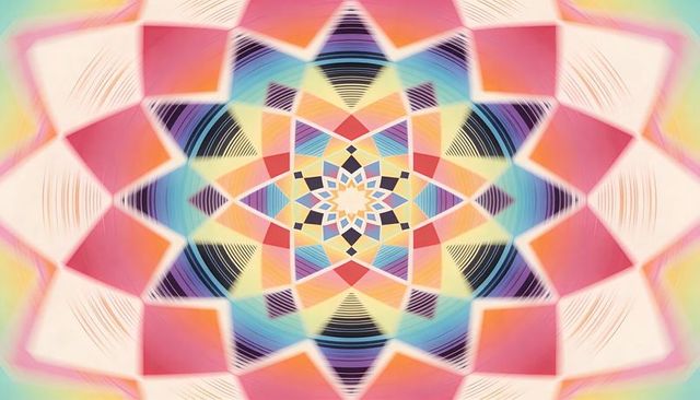 Pastel kaleidoscopic star mandala with geometric concentric rings and radiating symmetry
