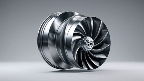 Polished metallic turbine wheel with light reflections, streamline design
