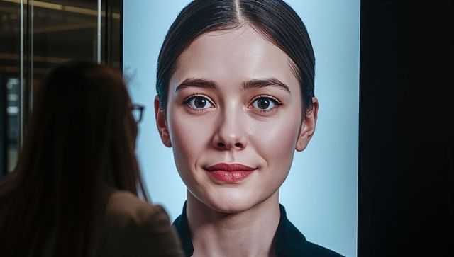 Woman wearing glasses viewing backlit portrait on digital screen in modern mall corridor