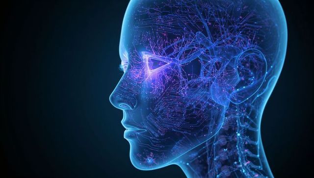 Translucent Cybernetic Head with Neural Circuitry, Glowing Nodes and Digital Anatomy