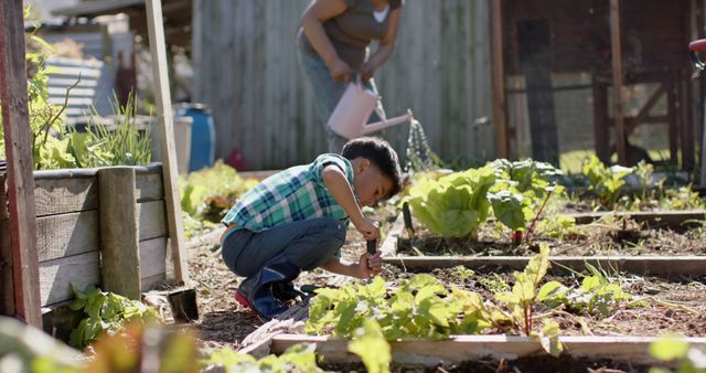 Child engaged in gardening, surrounded by growing vegetables in backyard garden. Perfect for illustrating family bonding, teaching children about nature, sustainable living, farming, outdoor activities, and home gardening concepts.