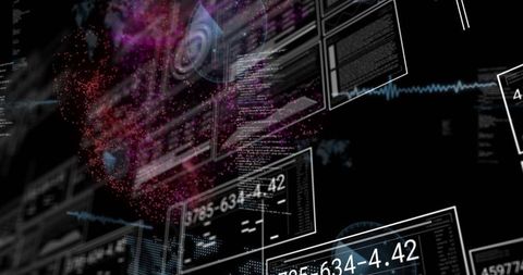 Floating Holographic UI Panels Streaming Code and Magenta Data Cloud in Neon Interface