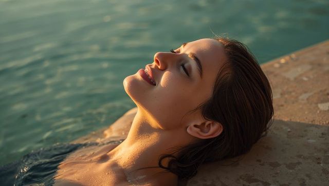 Young woman relaxing at pool during golden hour with sunlit skin and serene expression