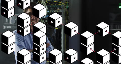 Businessman in Data Center Surrounded by Future Technology Graphics