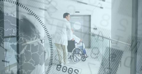 Clinician pushing senior in wheelchair along hospital corridor with clock overlay