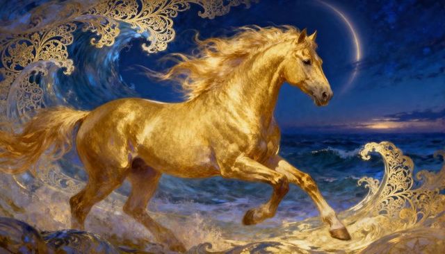 Galloping golden horse charging through moonlit sea with ornate gold filigree