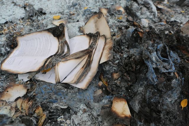 Charred remnants of book pages lie amongst ash and debris, symbolizing destruction and damage. This image is useful for themes related to disasters, fire aftermath, and environmental damage. It can be used in articles, blog posts, or documentaries about fire incidents, loss, and ruins.