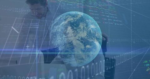 Holographic Earth Overlaying Modern Office with Financial Charts Displaying Global Data
