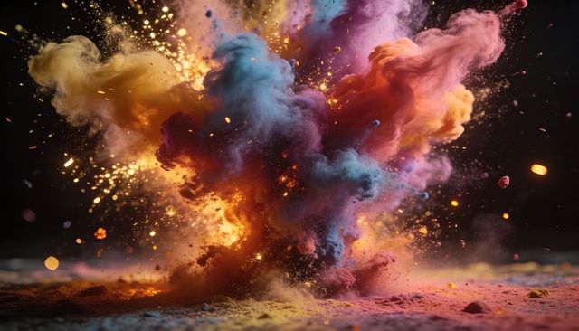 Exploding Multicolored Pigment Cloud Billowing with Sparks and Powder Burst