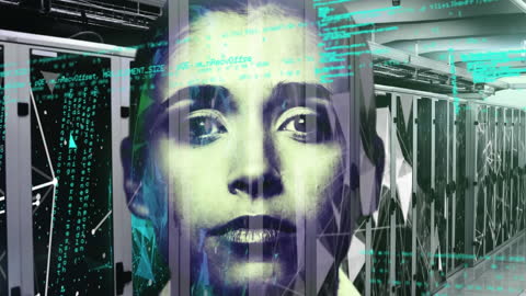 Futuristic Data Processing in Server Room with Holographic Face