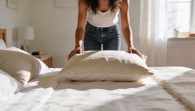 Woman making bed in sunlit minimal bedroom smoothing pillow for cozy modern morning