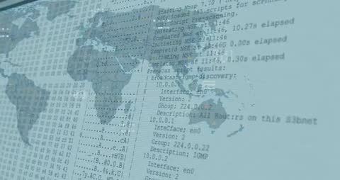 Animated world map visualizing global cybersecurity scan with hex dump and network HUD