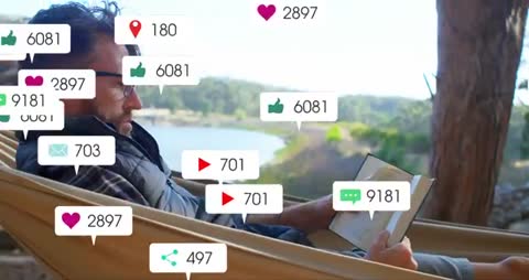 Man Relaxing in Hammock by Lake with Social Media Icons