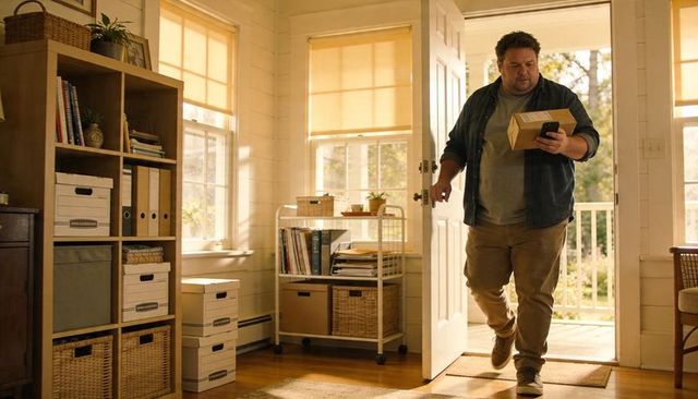 Man entering sunlit home carrying package while checking smartphone in cozy tidy entryway