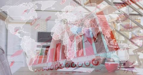 Senior Caucasian Couple Analyzing Data with Digital Global Overlay