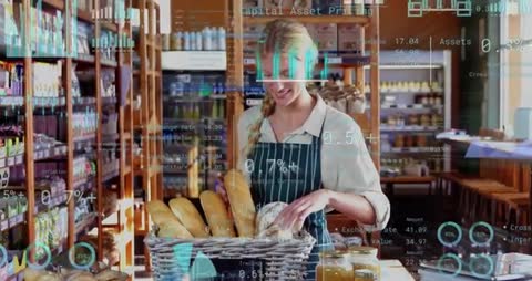 Baker arranging artisanal bread with augmented reality finance charts overlaying sales data