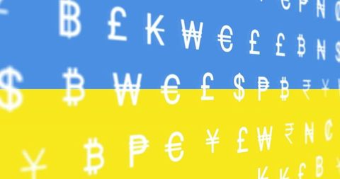 Currency symbols overlaid on ukraine flag representing global business