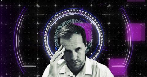 Caucasian man with digital data processing background