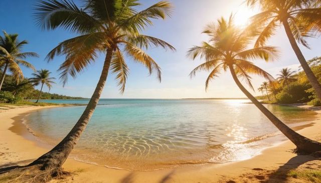 Sunlit tropical cove framed by leaning coconut palms over turquoise lagoon, golden sand shoreline