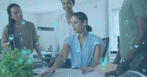 Diverse Team Engaged in Innovative Discussion with Digital Overlay