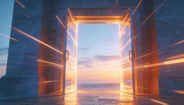 Glowing double doors emitting golden light and energy beams toward ocean sunset