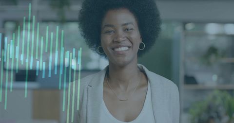 Businesswoman in Office Analyzing Financial Data Overlays