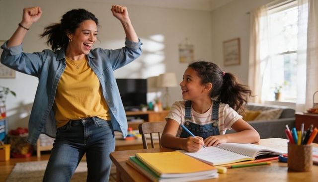Cheering parent celebrating child completing homework at sunlit living room table