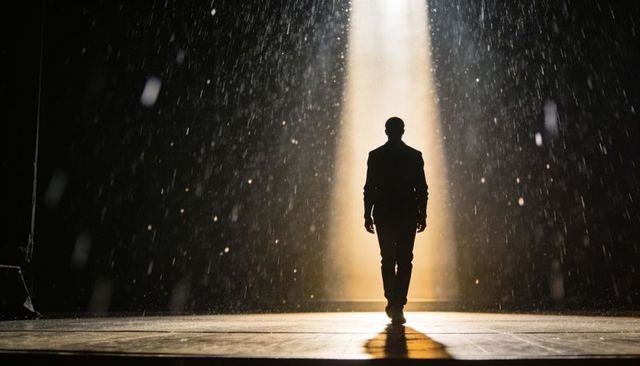 Silhouetted man walking into spotlight on stage in rain, cinematic dramatic backlit scene