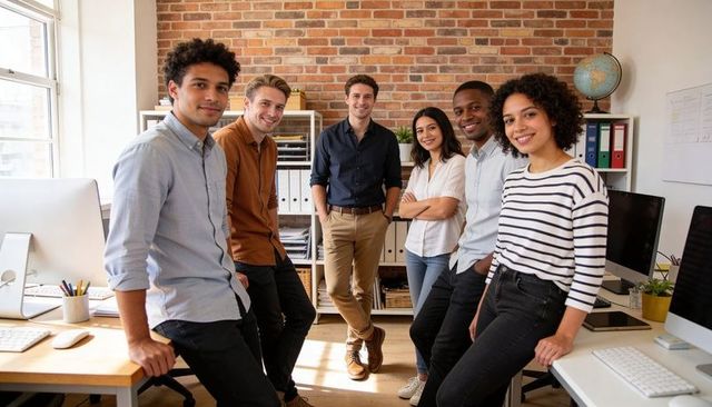 Young diverse startup team posing and collaborating in modern open-plan office workspace