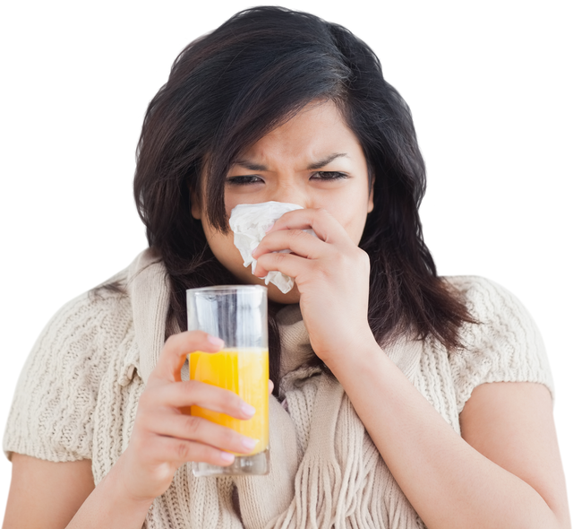 Transparent Sneezing Woman Holding Orange Juice Feeling Unwell - Download Free Stock Videos Pikwizard.com