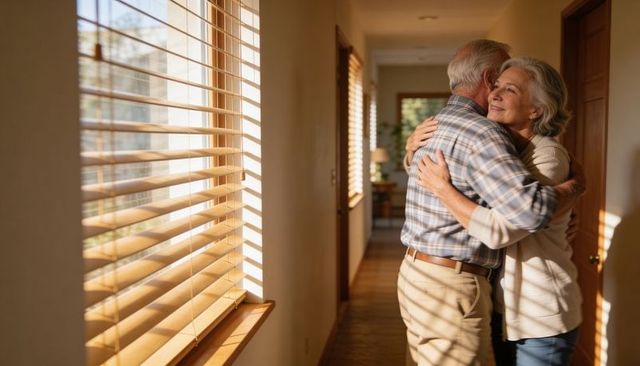 Sunlit senior couple hugging in home hallway sharing warm embrace and content smile