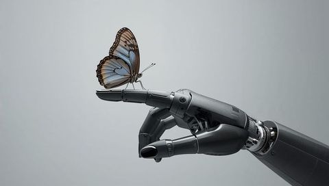 Robotic prosthetic hand holding blue butterfly symbolizing harmony technology and nature