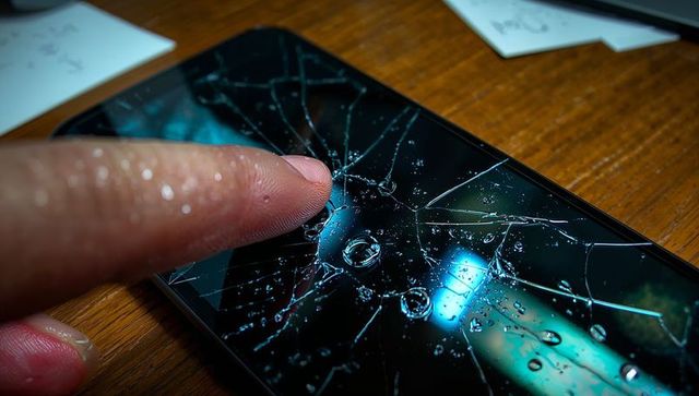 Fingertip pressing shattered smartphone screen with water droplets and reflections
