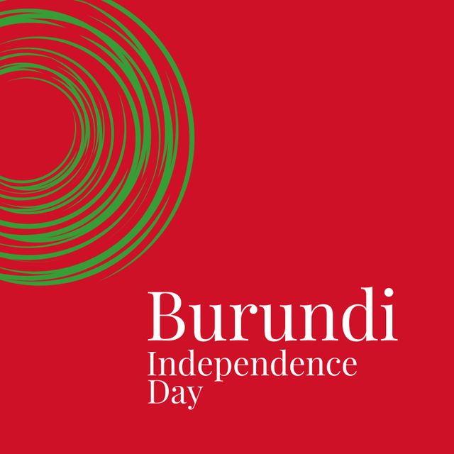 This design representing Burundi Independence Day features vibrant green circular patterns on a bold red background, accompanied by text highlighting the national event. Perfect for use in promotional materials, social media posts, cultural celebration banners, and educational content commemorating the independence of Burundi.
