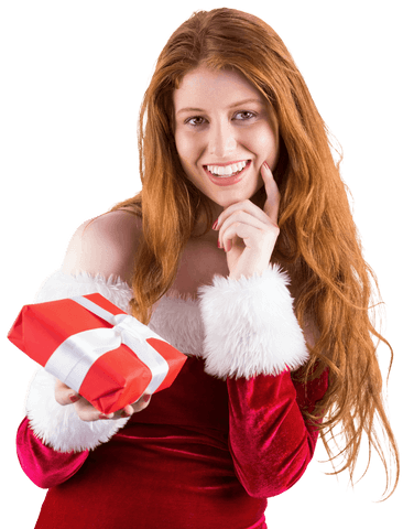 Transparent smiling redhead woman holding wrapped holiday gift