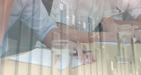 Abstract Financial Data Projection Over Business Meeting Scene