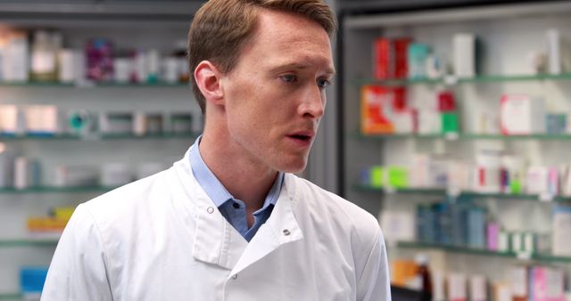 A Caucasian male scientist or pharmacist, dressed in a white lab coat, appears focused on his work in a laboratory or pharmacy setting. His expression suggests concentration and dedication to his profession, amidst shelves stocked with various supplies.