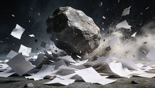 Massive Boulder Crashing Into Stack of Torn Paper, Dust and Fragments Exploding