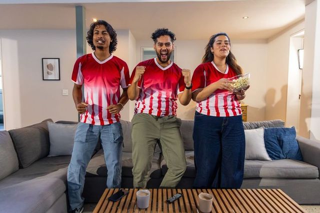 Cheering multicultural friends wearing red white jerseys at home watch party with popcorn
