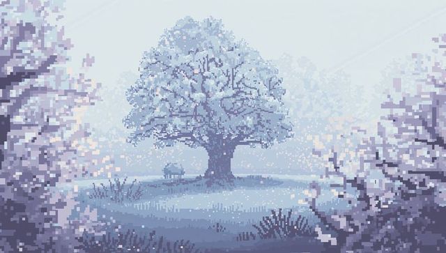 Solitary oak standing in frosty pixel art clearing with wooden bench and gentle snowfall