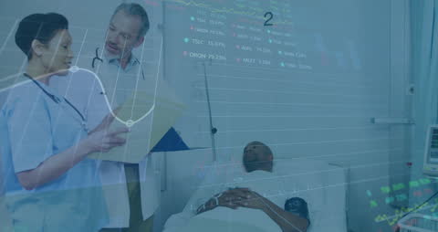 Medical Professionals Analyzing Patient Data with Digital Overlay