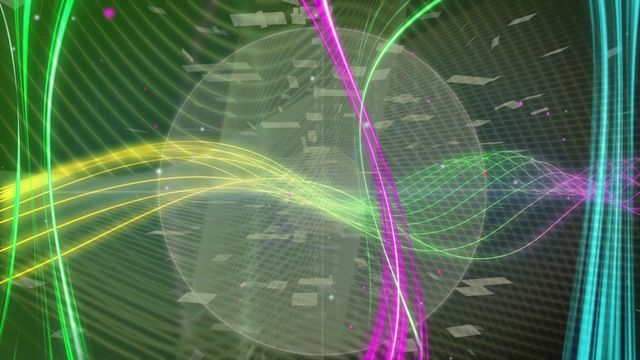 Digital artwork featuring colorful neon lines forming dynamic patterns over a white circle on a dark background. This abstract visual can be ideal for technology-related presentations, visual effects for videos, backgrounds for websites, or social media posts highlighting innovation and creativity.