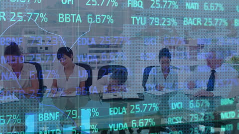 Business Team Against Digital Financial Data Overlay