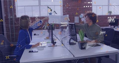 Collaborating coworkers exchanging document in open office with augmented reality overlays