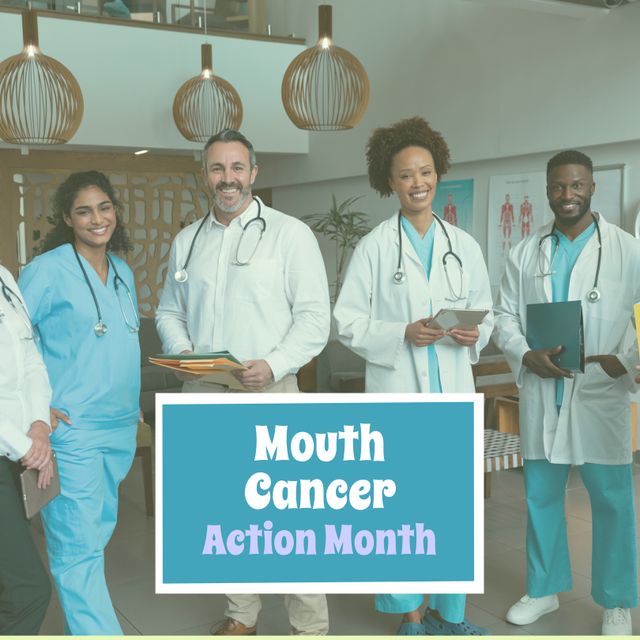 Digital portrait of smiling multiracial doctors in hospital with mouth cancer action month text. Oral health, healthcare, raise awareness, early detection and prevention, healthcare workers.