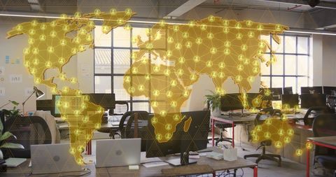 Global Connectivity in Modern Office with World Map Overlay
