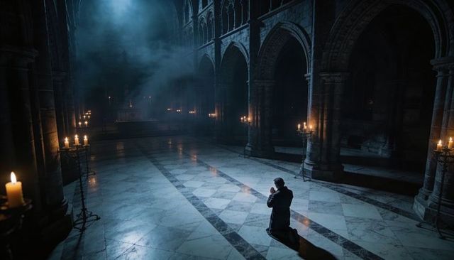 Kneeling man praying in gothic cathedral nave under candlelight and mist