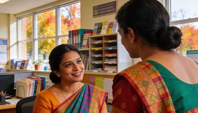 Smiling indian staff wearing colorful sari consulting student at college service desk